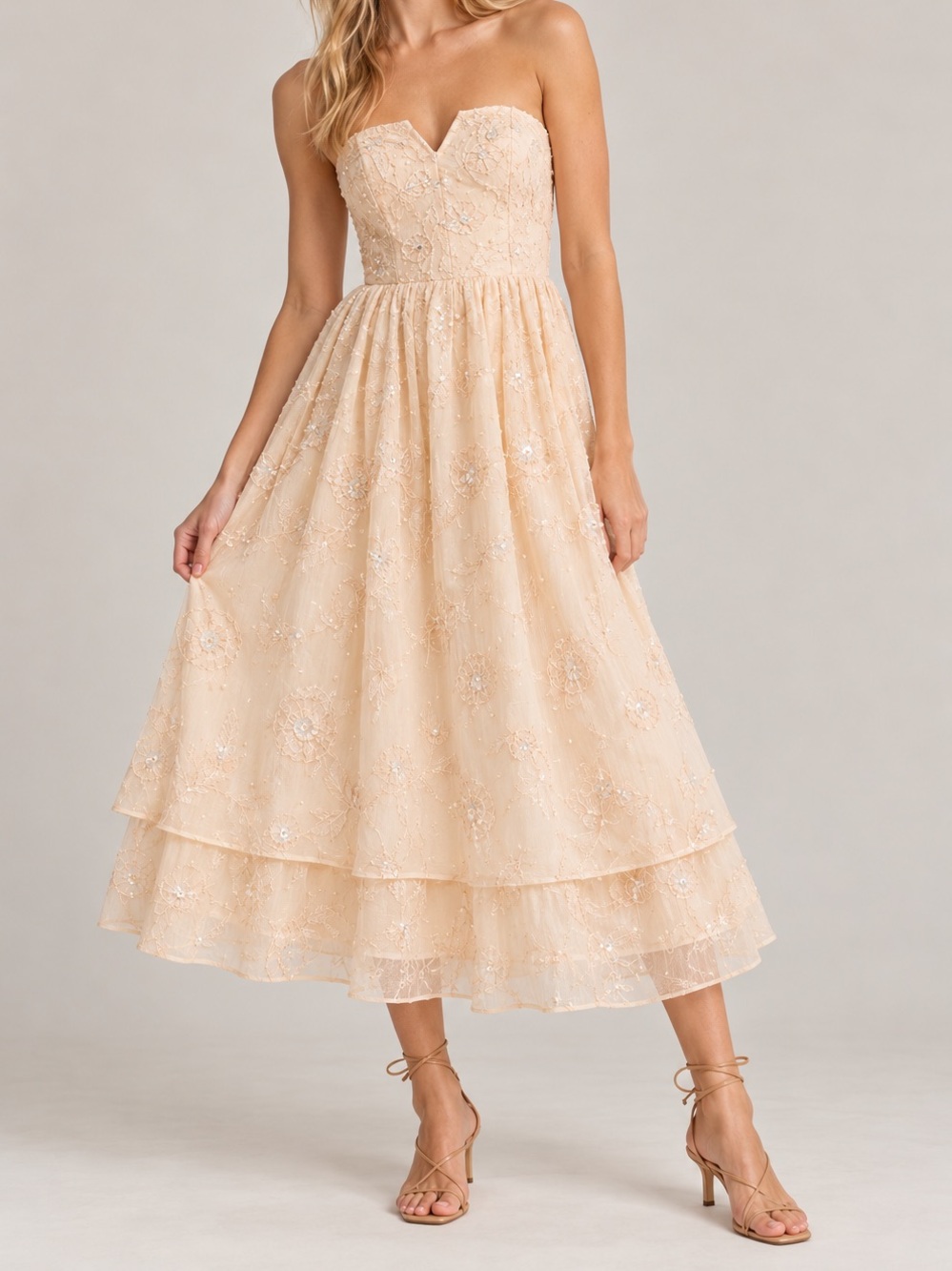 Forever That Girl Anthropologie Lace Midi Dress Cream Tiered Romantic M NWT